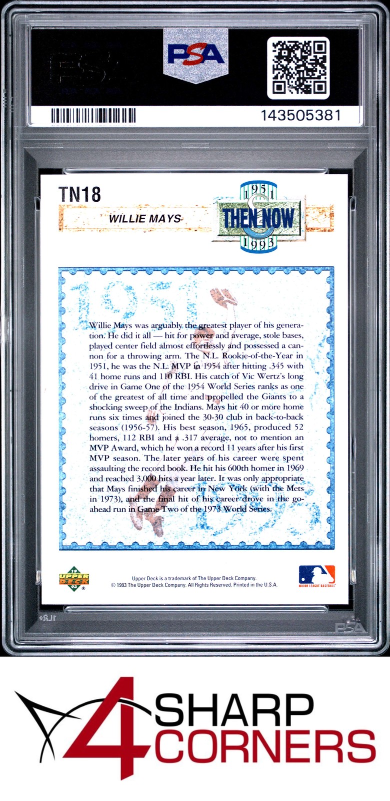 1993 UPPER DECK THEN & NOW #TN18 WILLIE MAYS HOF PSA 9 view 2