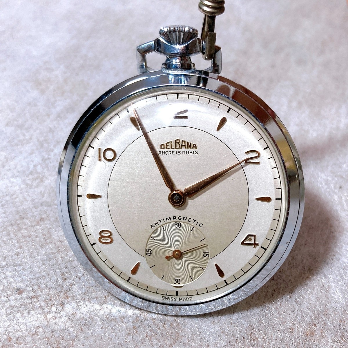 Vintage DELBANA Swiss Pocket Watch 1950s Hand Wind Small Seconds w
