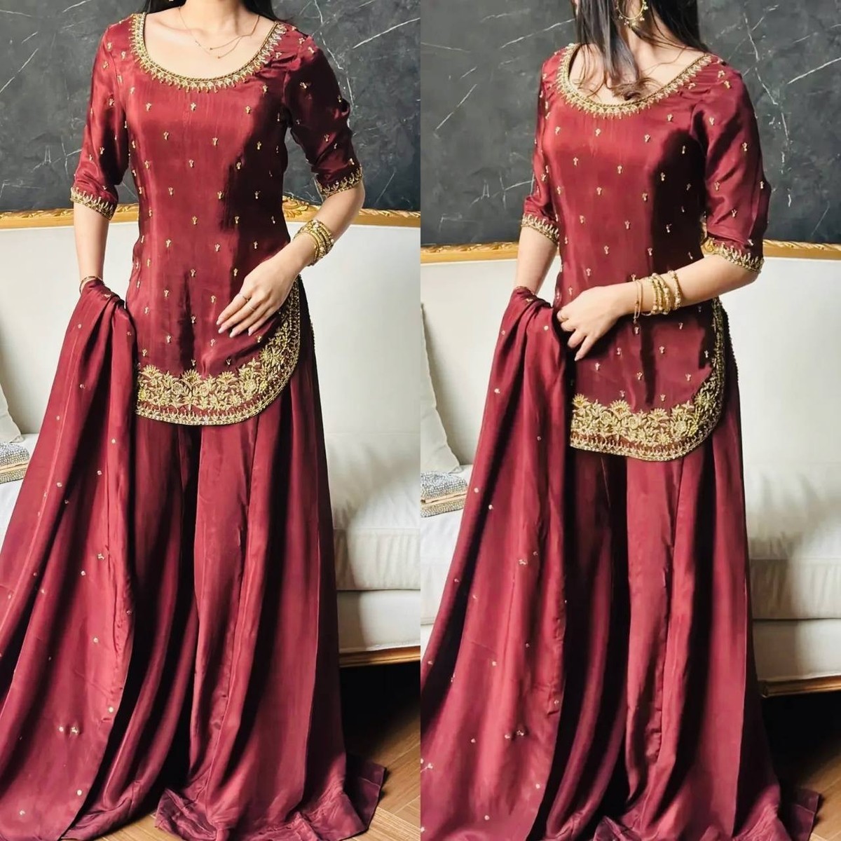 crepe silk dress material New Stylish Designer Crepe Silk Kurta Palazzo With Dupatta For Wedding