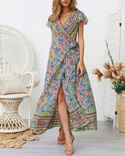 Boho Floral Maxi Dress Peasant Cottagecore Beach Flowy Cotton Long Sun Dres SZ M