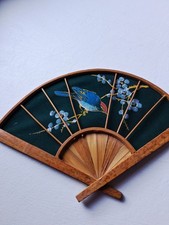 Wood  Green cloth hand painted fan wall hanging Blue bird on branch