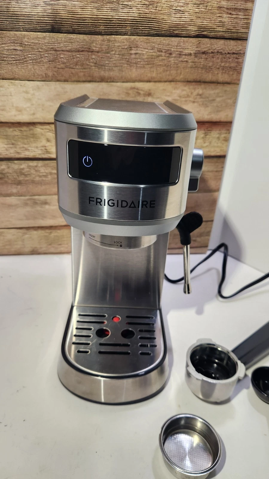 Frigidaire Small Espresso Machine 20 Bar Milk Frother and Tamper FREM 100SS
