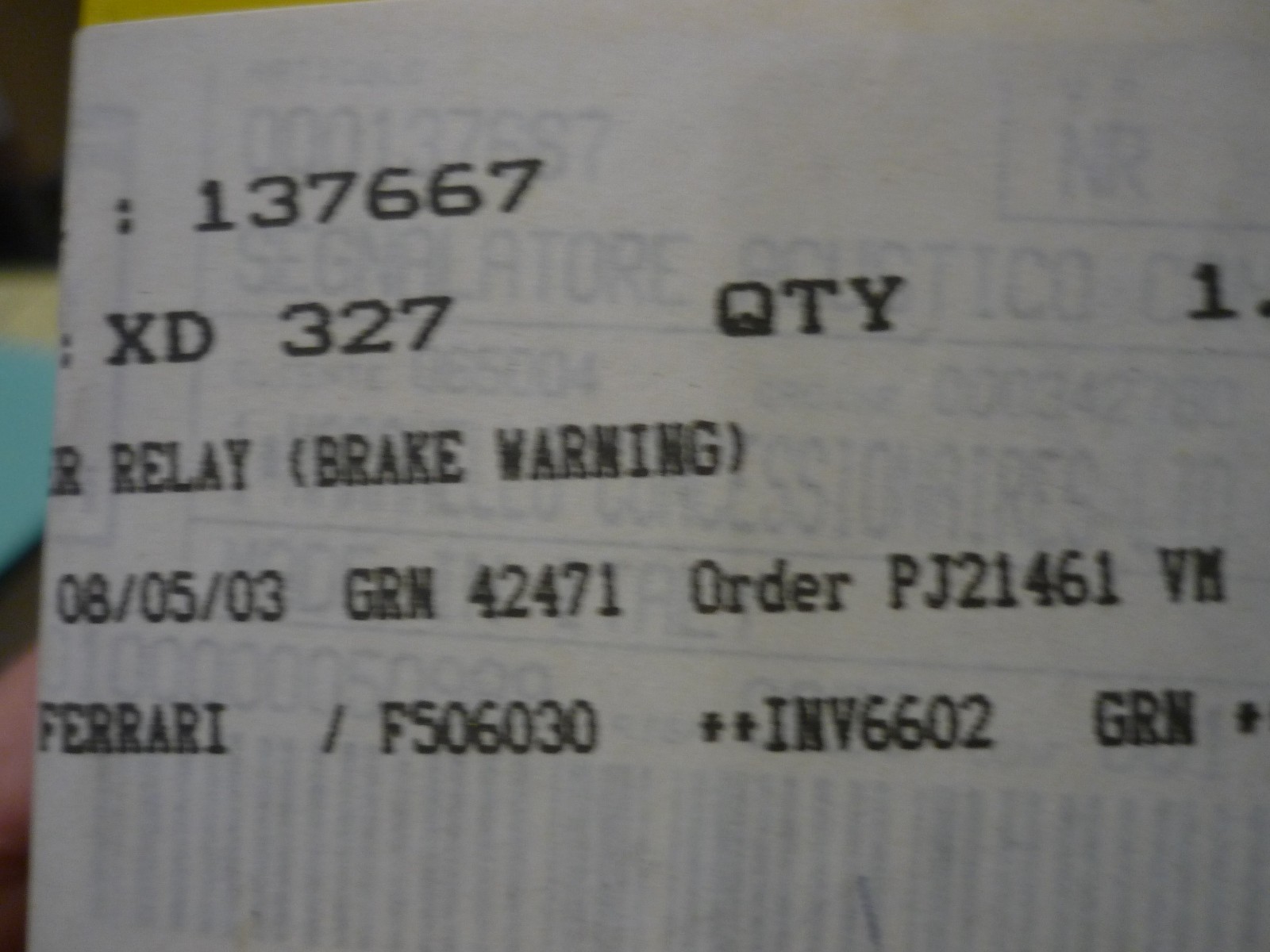 Ferrari 348,355,512,Mondial T -Buzzer Relay For Brakes Warning Light -P/N 137667