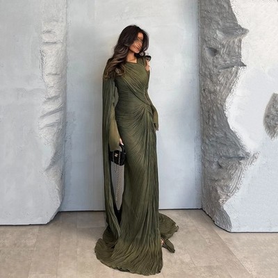 Green Shiny Evening Dress O Neck Full Sleeves Formal Pleat Arabic Prom Gowns