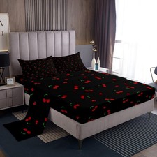 Cherry Sheet Set King Size, Cherry Pattern Bed Sheets Set Cute Fruit Sheets w...
