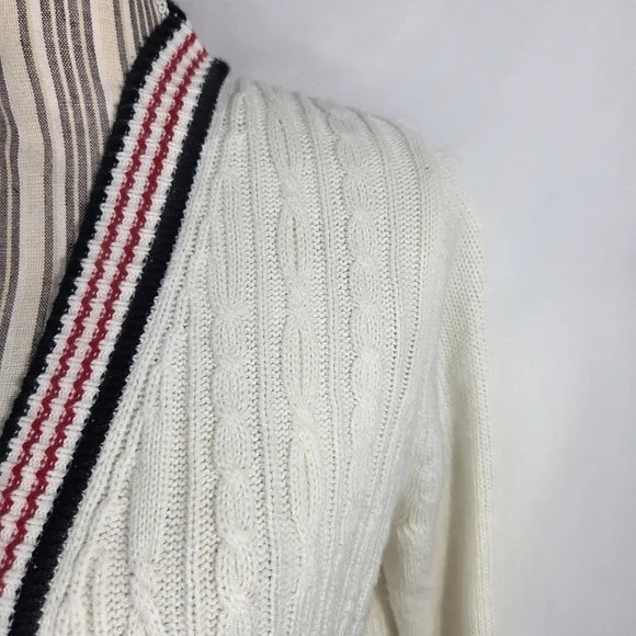 Tommy Hilfiger White w/Red White Blue Edges VNeck Cable Knit Cardigan Size Large thumbnail 3