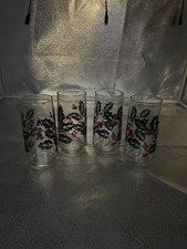 4 Indiana Glass Holly  Berries Vintage Tumblers Christmas 16oz Glasses 5.75  