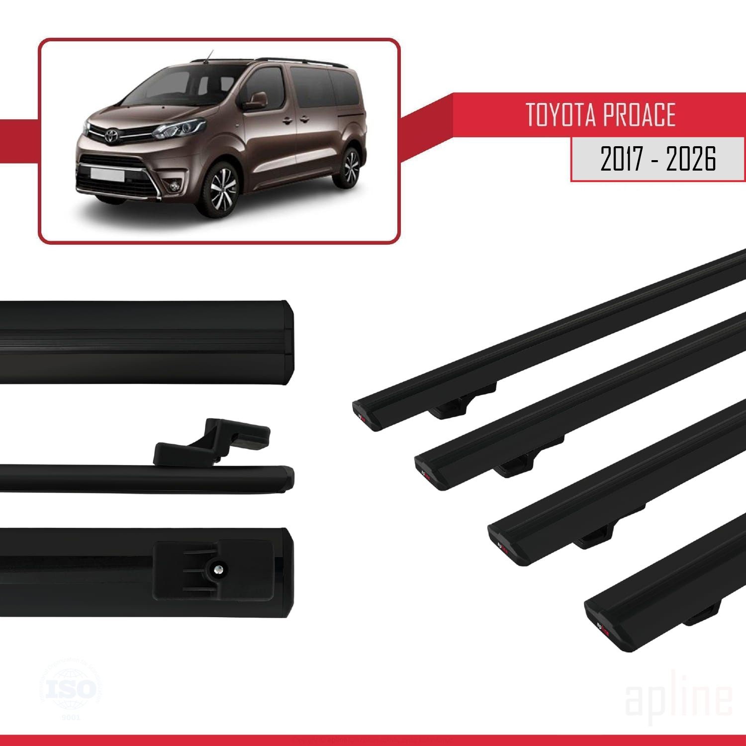 4 Barres de Toit Noir Aluminium pour Toyota Proace 2017-2026 BASIC Model