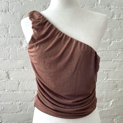 Womens Y2K Ruched One Shoulder Cropped Top Size L Festival Fairy Boho Rust Brown