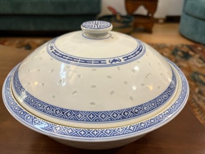 Chinese Tianshan Blue White RICE FLOWER Covered Vegetable Bowl Casserole Dish 10