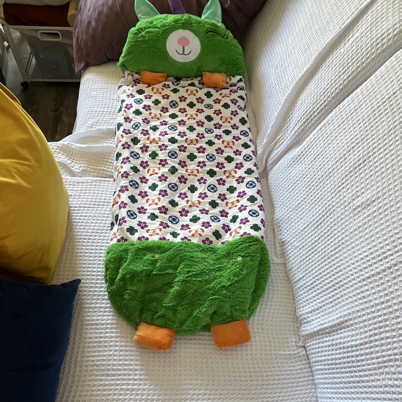 Kids Cat Character Hood Sleeping Bag, Green Plush Polyester Floral, Non-Std