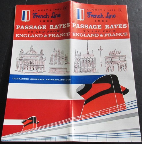 CGT French Line Steamship Ocean Liner 1962 Passage Rates England France Brochure