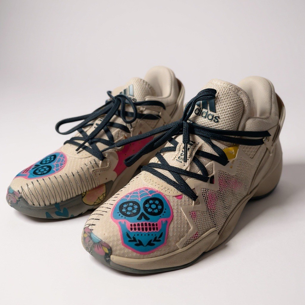 Adidas D.O.N. Edición 2 Zapatos Talla 10 Blanco Día de los Muertos Calavera de Azúcar Festivo