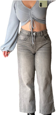 Bershka Damen Jeans Wide Leg Grau Hoch Bund Baumwolle Größe 34