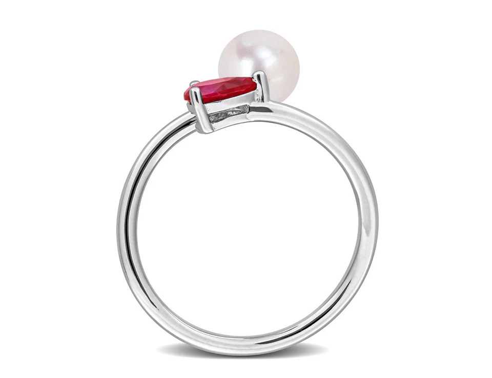 2/3 Carat (ctw) Lab-Created Ruby and Freshwater Cultured Pearl Ring Sterling Sil - Image 3 of 4
