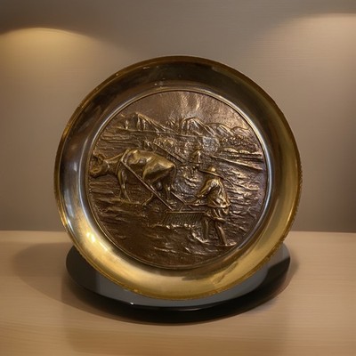 Vintage Solid Brass Wall Plate Plaque Rice Farming Scene W/ Bull 13  Wide Heavy
