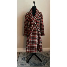 VINTAGE Women's Cut 1970's Red Plaid Wool Long Line Belted Overcoat Size M