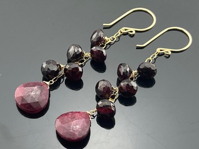 Ruby and Garnet 14K Gold Filled Cascade Earrings   Genuine Red Gemstone Long