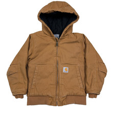 Vintage Carhartt Jacket Youth Boys XS Brown J130 Duck Canvas Hooded Insulated