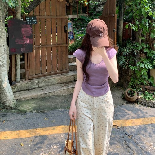 V Collar T-shirt Short Sleeves Bottoming Shirt Trendy Summer Top - Picture 7 of 15