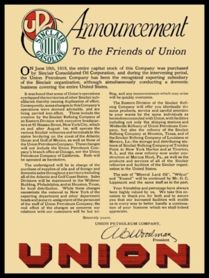 1923 Union Petroleum Co Bought by Sinclair Oil New Metal Sign: 12x16'' Ships Free