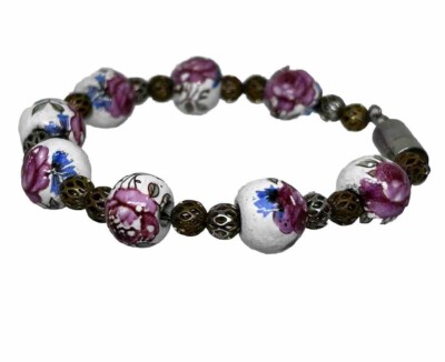 Bracelet Porcelain Red and Blue Painted Flower Bead and Crystal Beaded