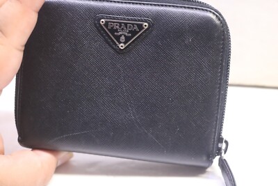 Prada Black Saffiano Leather Compact Bifold Zip Wallet M605A