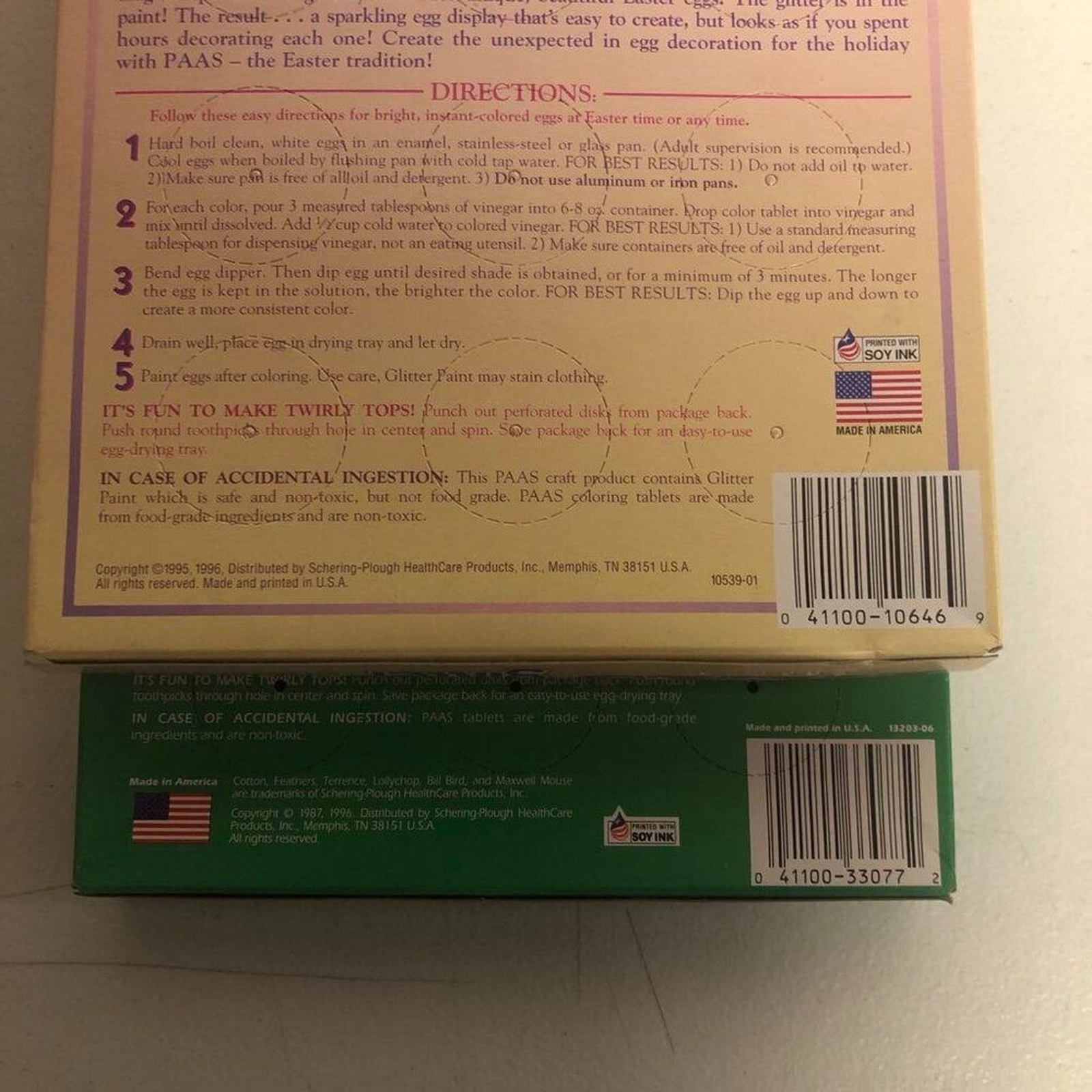 Vintage PAAS egg color set box with glitter patch instructions, yellow booklet, and green PAAS logo on white label.
