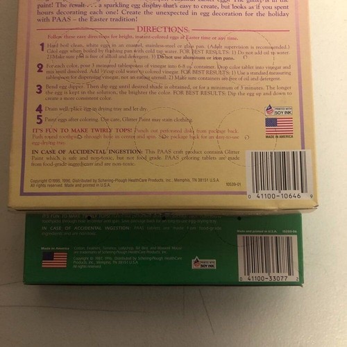 Vintage PAAS egg color set box with glitter patch instructions, yellow booklet, and green PAAS logo on white label.