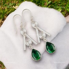 925 Silver Faceted Green Emerald Gemstone Ethnic Drop Dangle Wedding Earrings