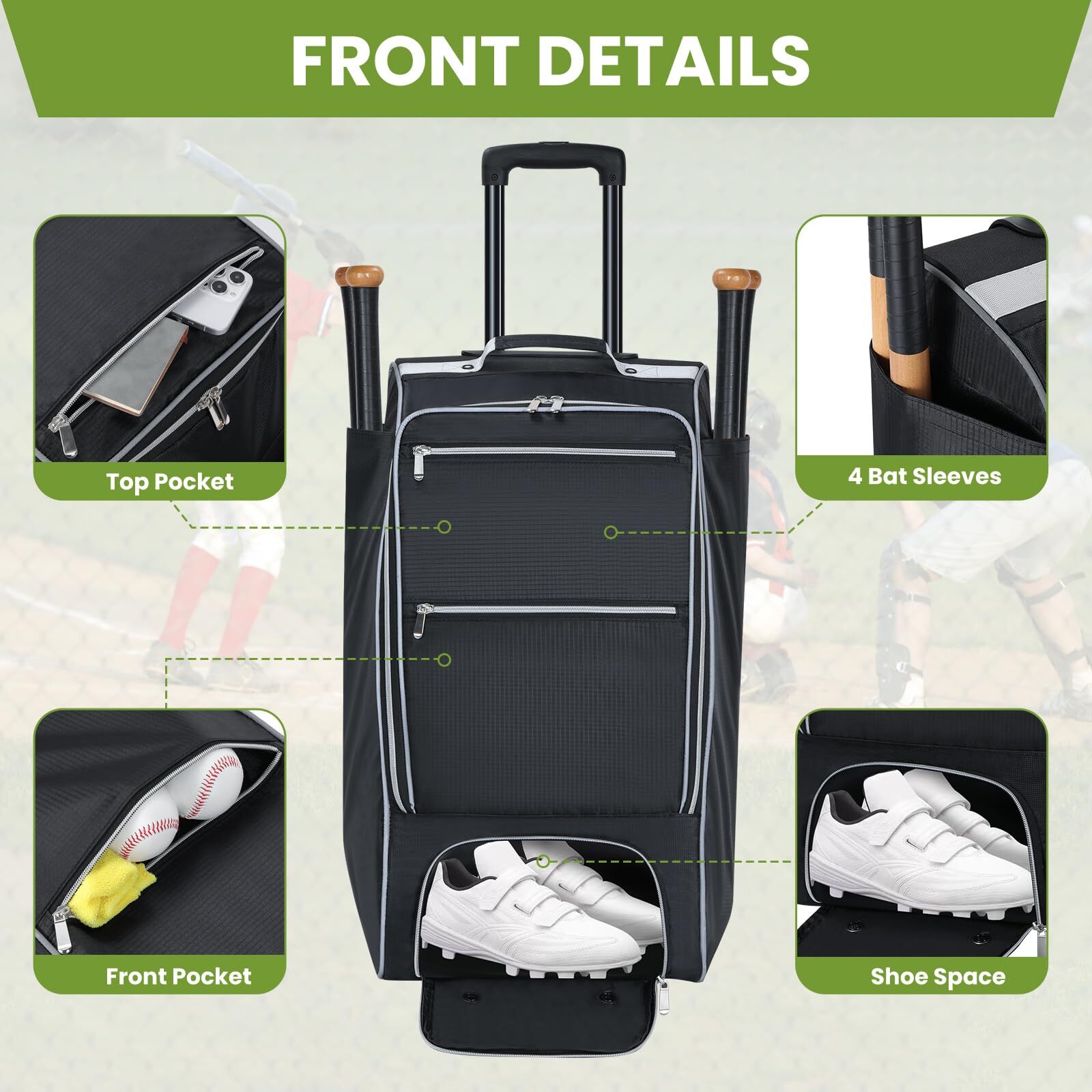 Baseball Catcher's Gear Bag with Wheel, Rolling Softball & Baseball Bag