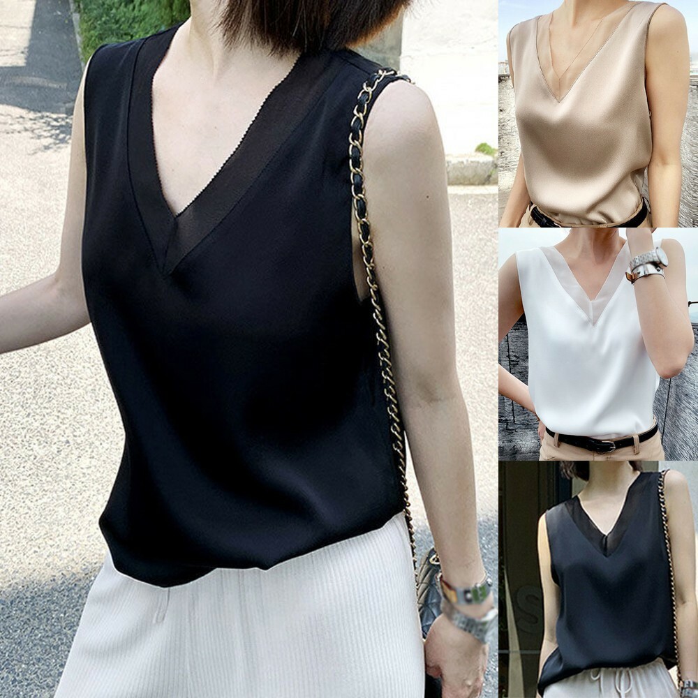 Elegant Women OL V-neck Silk Satin Sleeveless Tank Camisole T-shirt Tops/Blouse