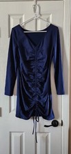 XL Blue Drawstring Ruched Mesh Long Sleeve Bodycon Mini Dress