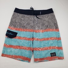 Maui and sons men board shorts tropical leaf size 32 gray teal lace up waist
