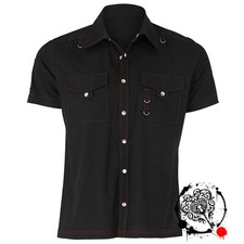 Men Gothic Black Shirt Short Sleeves Punk Button Up RED THREADS Shirt For Men's