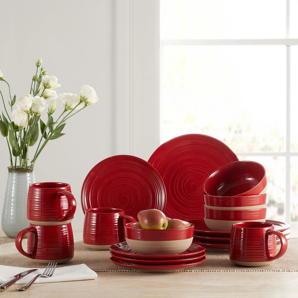 Artisanal Clay Stoneware 16-Piece Dining Set, Red Dinnerware