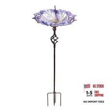 Glass Bird Bath Outdoor BirdBath Bird Feeder with Metal Stake Garden Purple