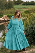 Free People Ibiza Sun Midi Dress Size M Green Tie Back Long Sleeve New Free P&P