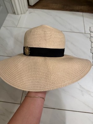Talbots Straw Wide Brim Sun Hat with Black Ribbon and Flower Accent
