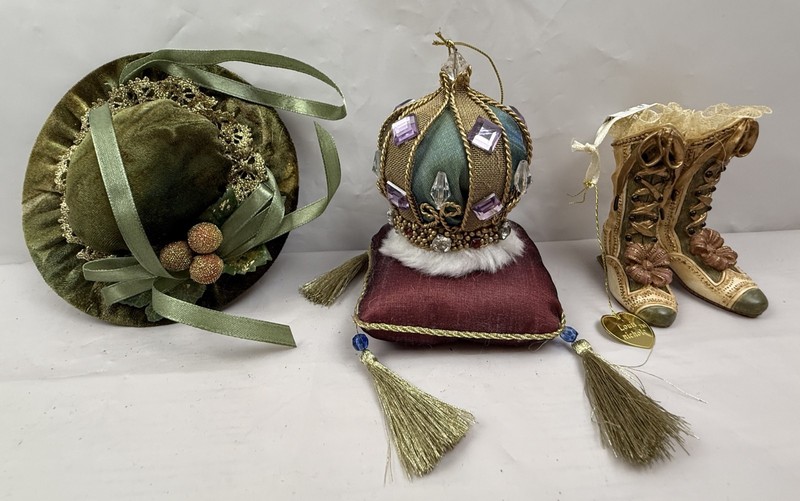 3pcs Vintage Victorian Christmas Ornaments -Kurt Adler Boots, Dept 56 Crown, Hat