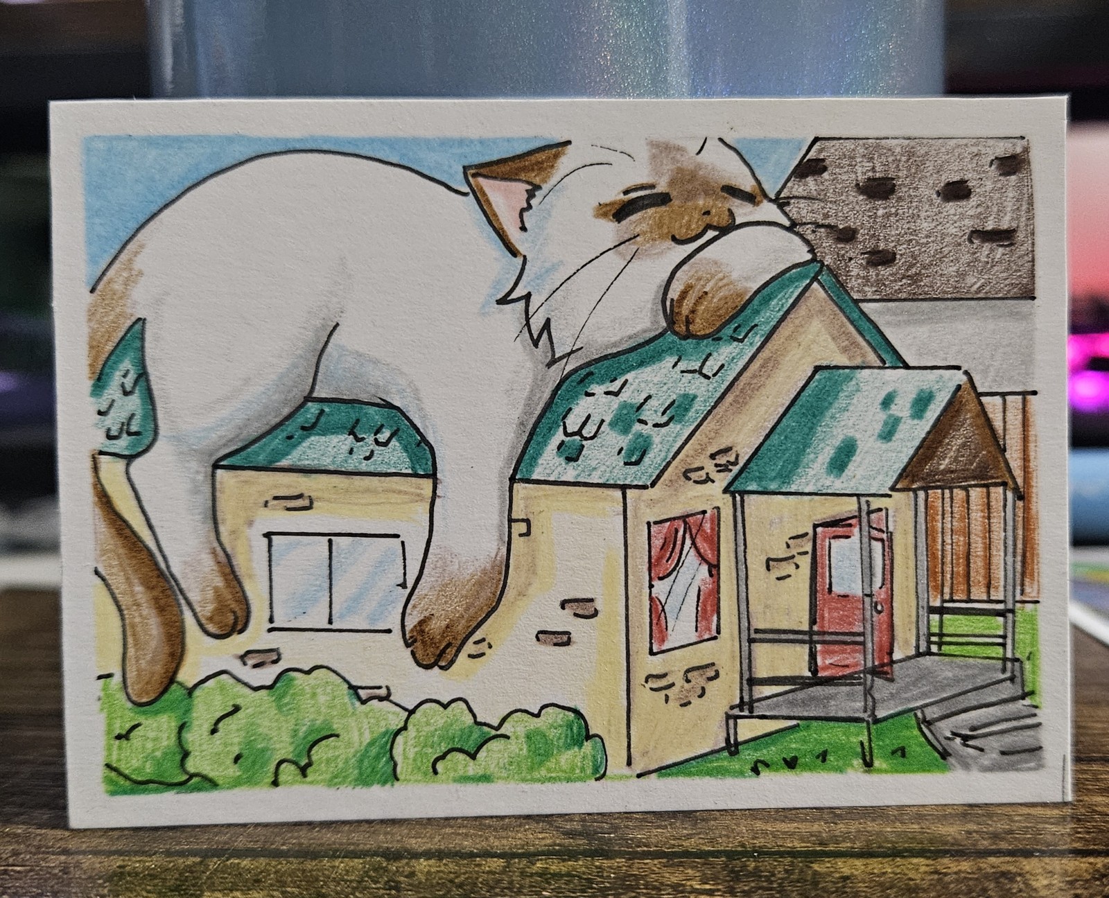 Aceo Original Giant Cat, Tiny World: Houses . RoDraws
