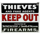 VINTAGE WINCHESTER PORCELAIN SIGN SIMTH WESSON FIREARM GAS OIL KEEP OUT NRA GUN