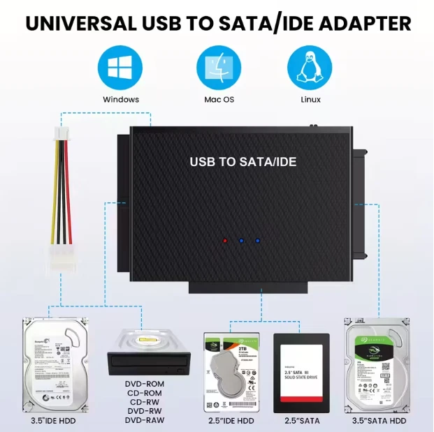 Adattatore ide sata convertitore con alimentatore hard disk Usb gestione pc 2.5  - Immagine 2 di 4