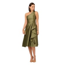Adrianna Papell Olive Green Beaded One-Shoulder Mikado Midi Dress Size 12 $169