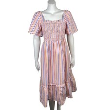 Draper James RSVP Deana Smocked Midi Dress Size M Rainbow Striped 100 Cotton