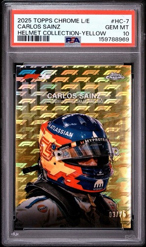 2025 TOPPS CHROME F1 CARLOS SAINZ HELMET COLLECTION YELLOW LOGOFRACTOR /75 PSA10