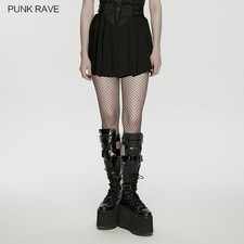 Punk Rave Women Black Gothic Cyberpunk Zip Front Pleated Mini Short Skirt