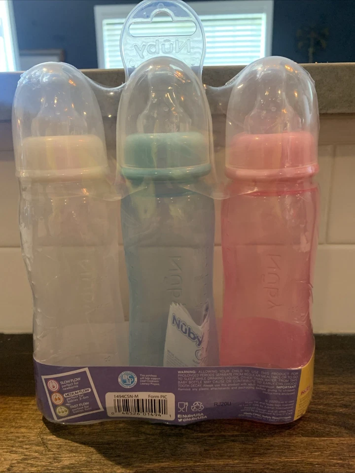 Nuby 标准颈瓶 3 件装 - 粉红色,蓝色面霜 — 第 2/3 张图片