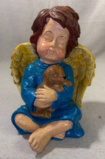 Angel Figurine Holding Puppy Dog Resin Statue Blue Gold Wings Pet Loss Memorial