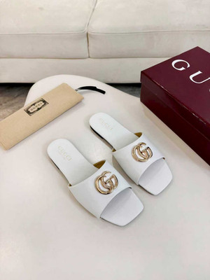 Gucci White Leather Slides Gold GG Logo Square Toe Women s